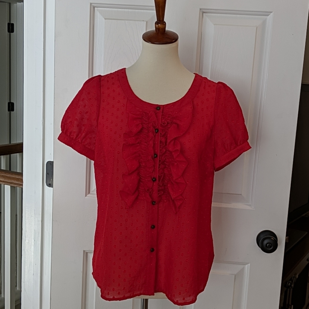Anthropologie red ruffle front blouse